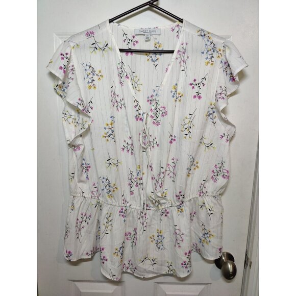 Sweet Rain Tops - Sweet Rain Ivory Floral V-Neck Flutter-Sleeve Blouse Top 2X NWOT